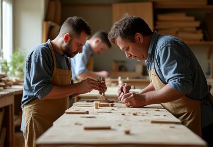 Artisans travaillant le bois dans l’atelier d’Annecy