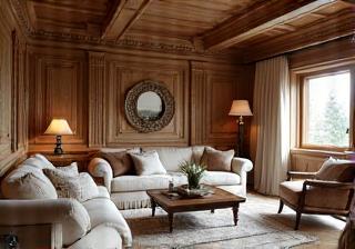 Living de chalet avec boiseries ornées